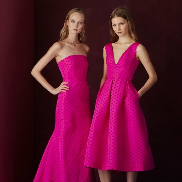 WOMAN PLEATED FLOCKED SILK-FAILLE MIDI DRESS BRIGHT PINK size 6 - Picture 1 of 13